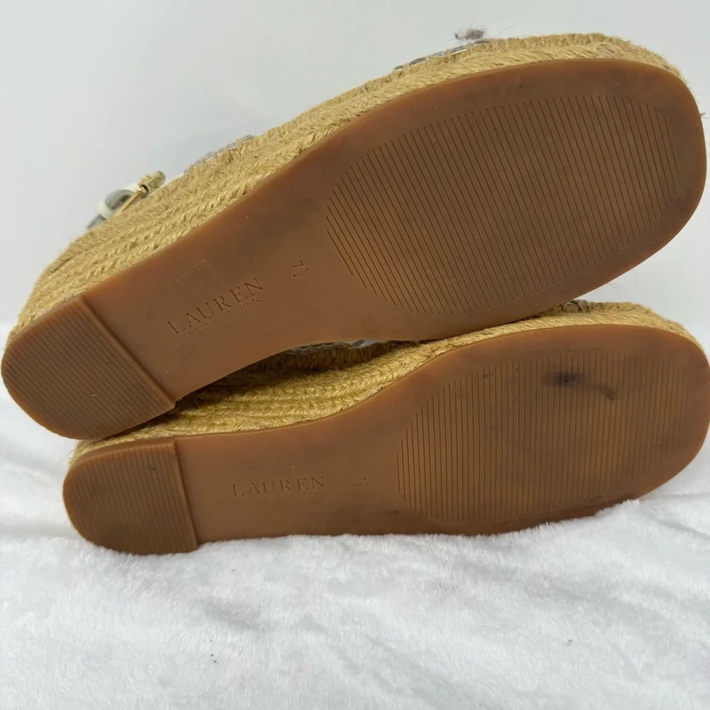 Lauren Ralph‎ Lauren White Leather Bena Wedge Espadrilles Size 7.5 Gold-tone